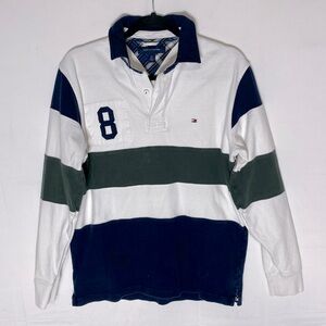 Vintage Y2K Tommy Hilfiger White Green Blue 8 Long Sleeve Rugby Shirt S